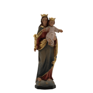 Sonia Demetz, Holy Mary with baby Jesus, scepter and crown, wood sculpture, hand crafted and hand painted, religious art