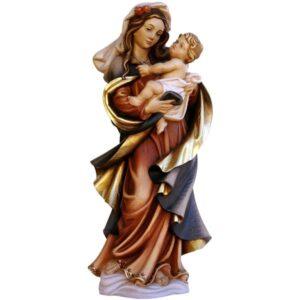 Sonia Demetz, Holy Mary holding Jesus child in her arms and with roses in the hair, woodcarved, handcrafted, religious art