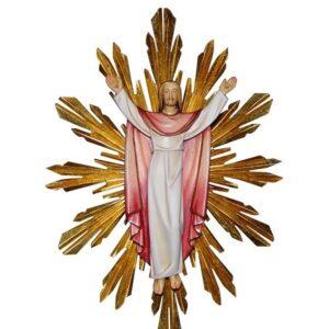 Sonia Demetz, figura di Gesù Risorto con raggiera, realizzata a mano, pitturata a mano, sculture in legno,crocefissi, arte sacra.